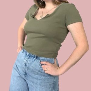 Olive Green Cropped V-Neck